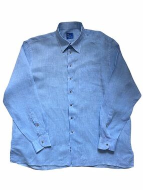 Ben Silver Charleston Shirt Mens XL Blue 100% Linen Button Down Long Sleeve